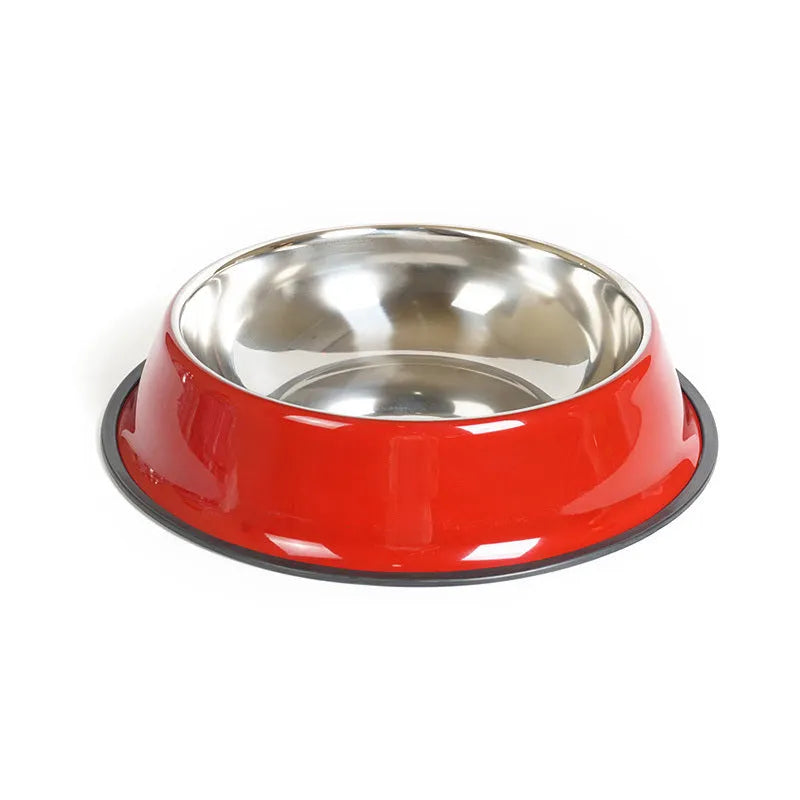 Stainless steel pet bowl with colourful melamine exterior and non-slip rubber base