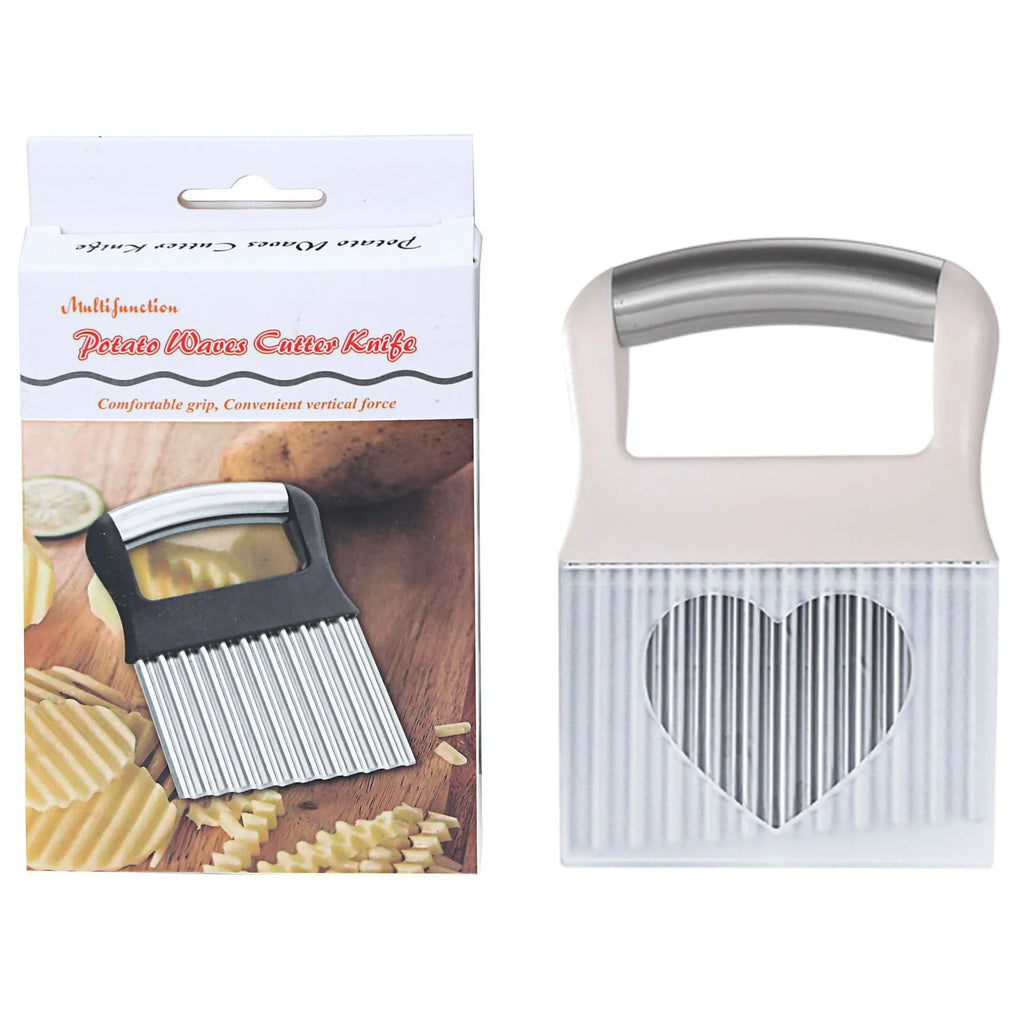 Stainless steel potato wave cutter knife with alloy handle on a cutting board.