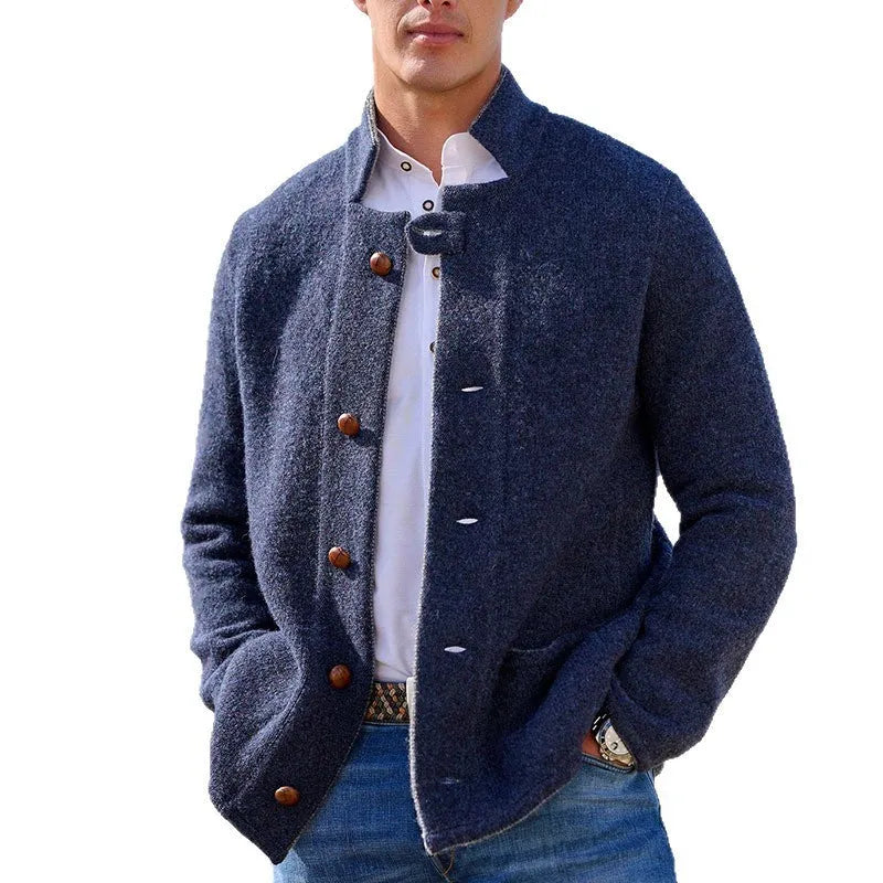 Men's casual mid-length coat in solid colour with patch pockets, polyester fibre fabric