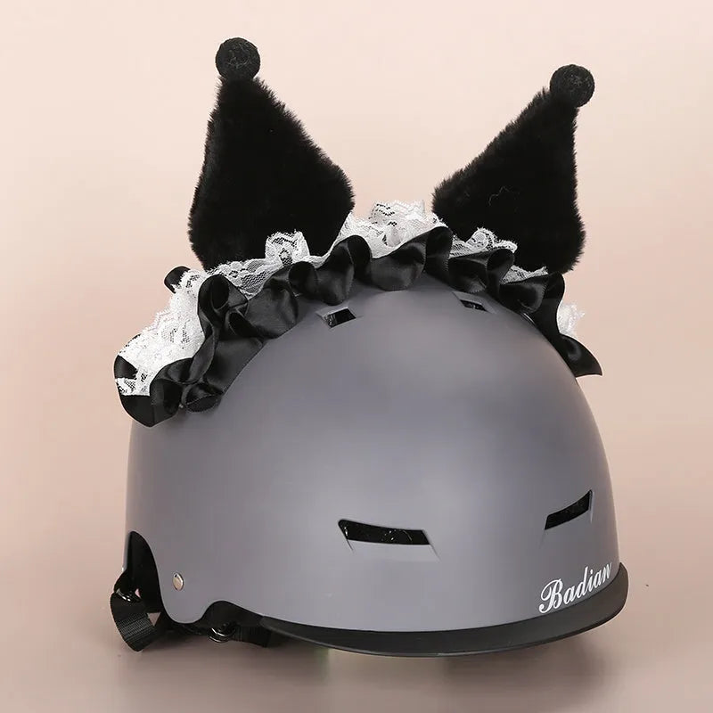 Plush cartoon-themed cover set on a medium motorcycle helmet with soft ear decorations.