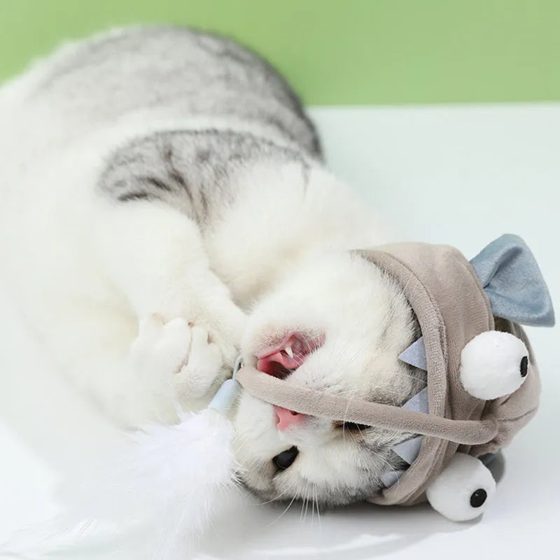Grey big eye fish design cat toy with feather head teaser and adjustable neckband