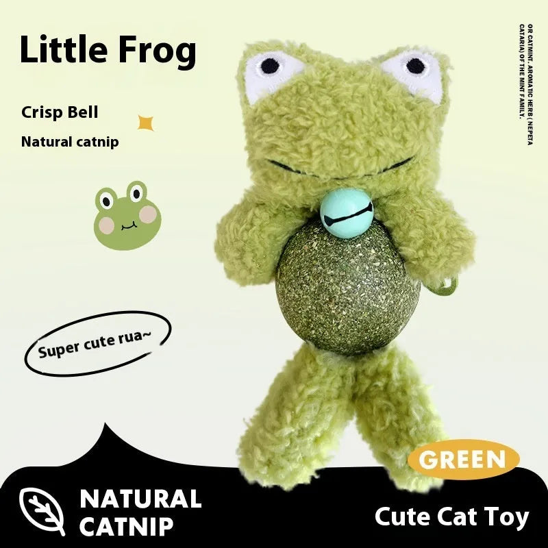 Plush catnip toy shaped like a small doll with a mint ball, in brown bear, pink rabbit, green frog or piyopiyo colour.