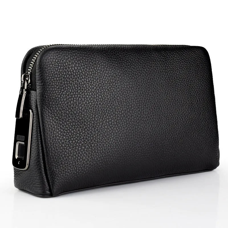 Black men's fingerprint lock wallet in head layer cowhide with zipper closure and USB charging port