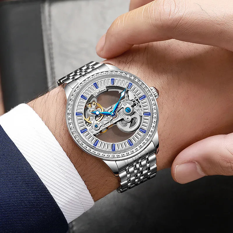 Men's luxury 6046A waterproof mechanical watch with onion crown and transparent case back