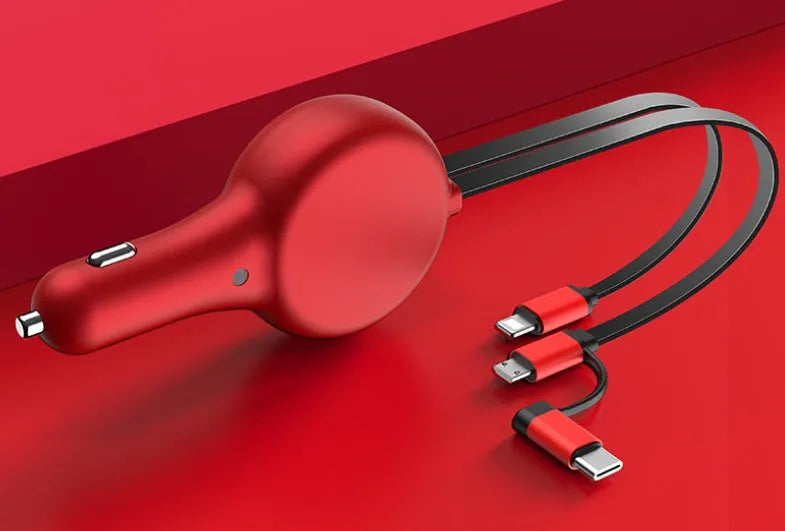 Black retractable car charger with extended cables showing USB, QC3.0, and PD charging heads