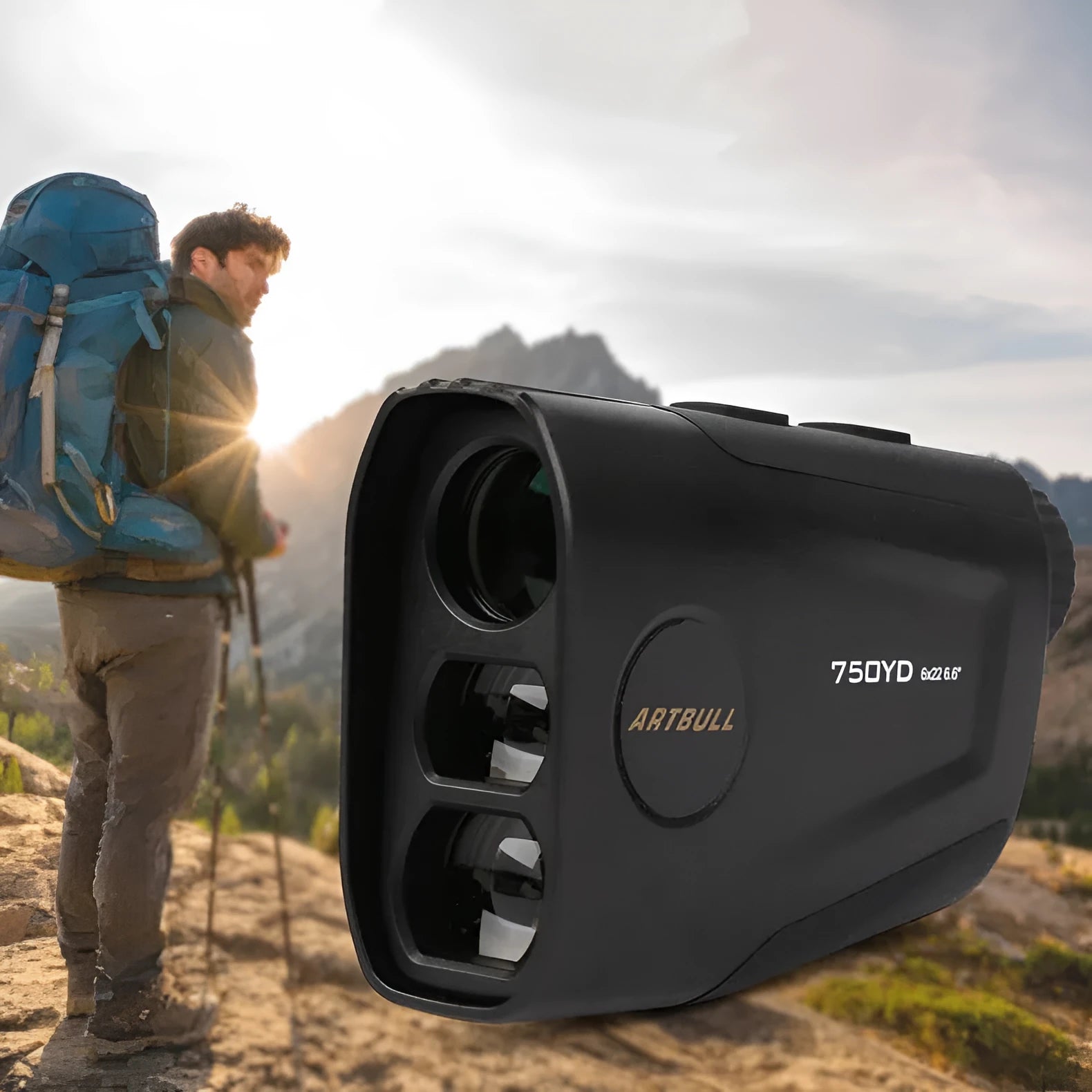 Golf laser rangefinder with LCD display showing distance measurement, featuring slope and flag lock functions.