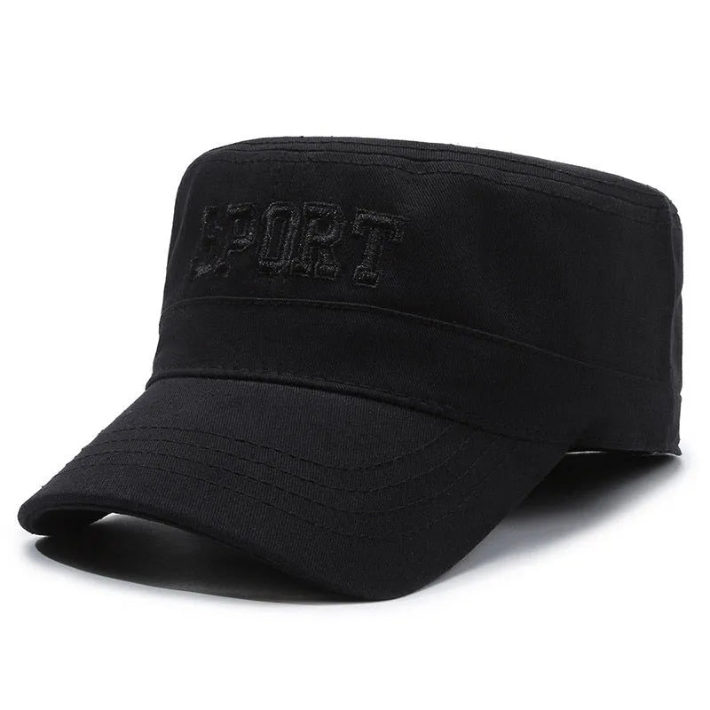 A man's flat-top peaked cap in cotton, shown in an army green colour with an adjustable strap.