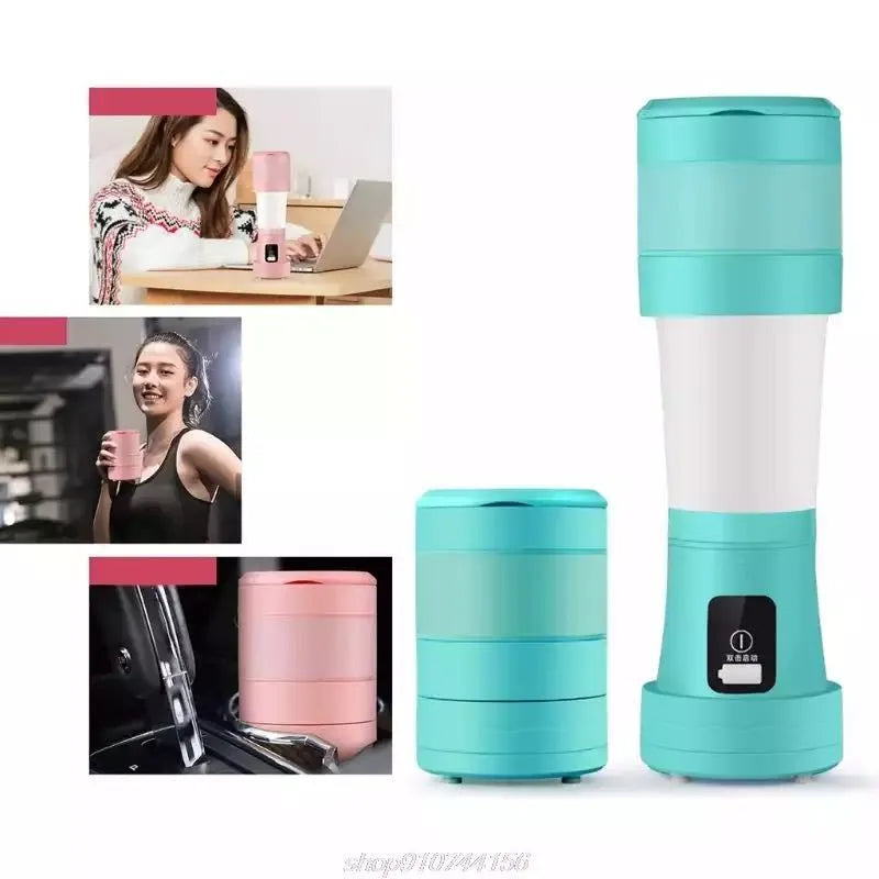 Blue portable blender with six stainless steel blades, USB charging port, and 450ml silicone cup