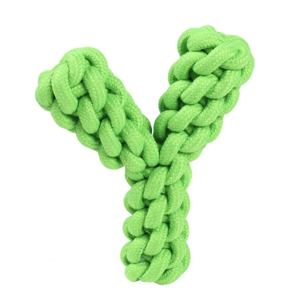 Blue Y-shaped cotton rope dog toy for large dogs on a plain background.