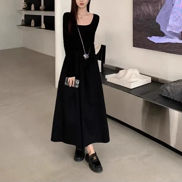 Women's black square collar knitted dress with elastic waist A-line silhouette long sleeves