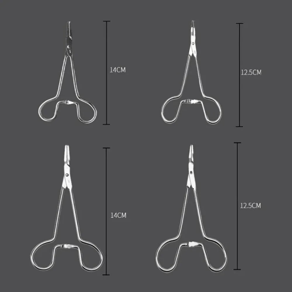 Silver stainless steel pet ear tweezers with ergonomic anti-slip handle for dog and cat ear hair removal.