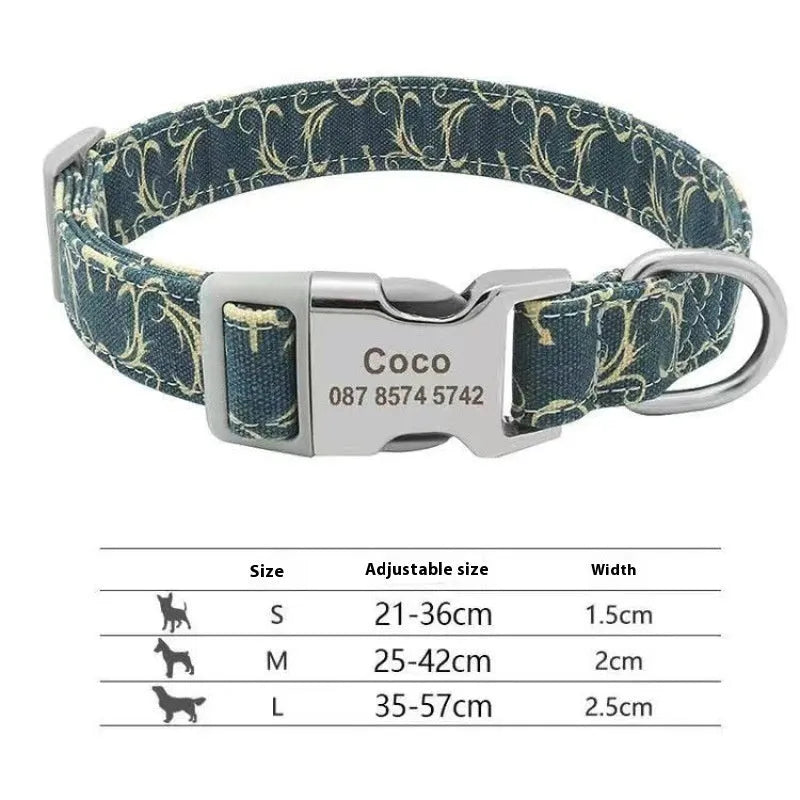 Colourful canvas dog collar with semi-metal buckle in striped floral pattern