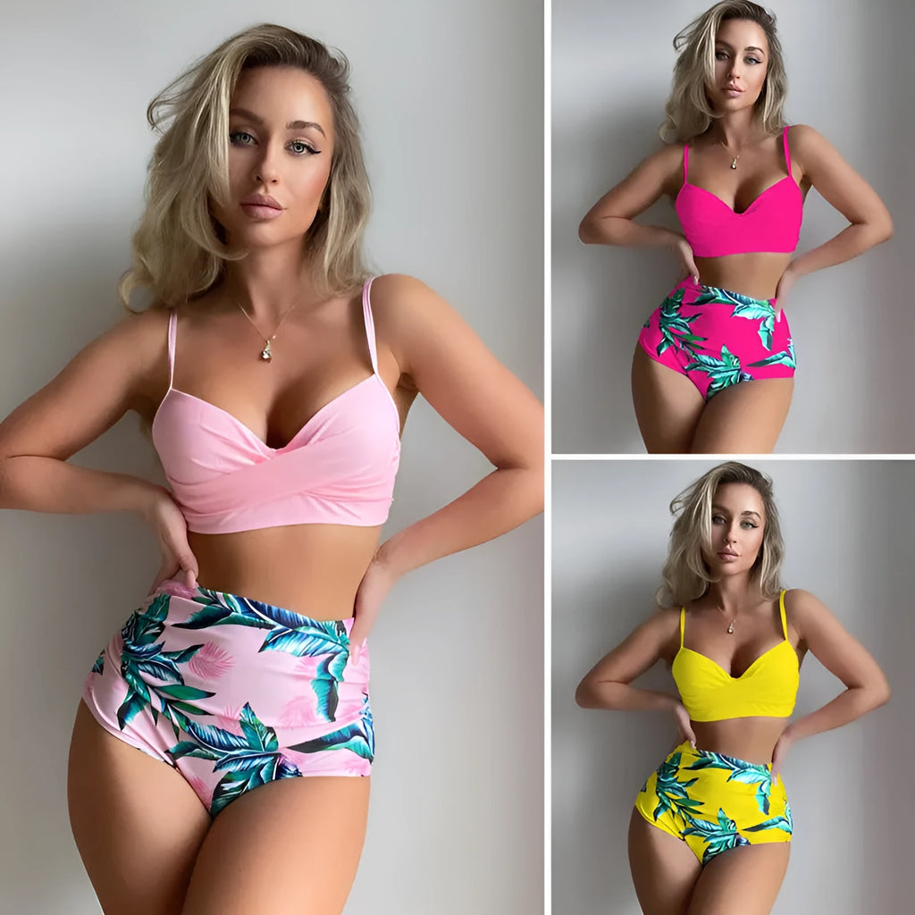 Yellow high-waisted bikini set with steel bracket push-up bra and floral print split briefs.
