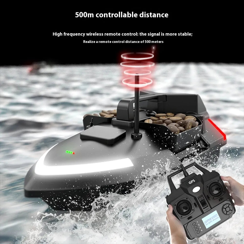 Black GPS remote control fishing boat on water with handheld transmitter, showing LED light.