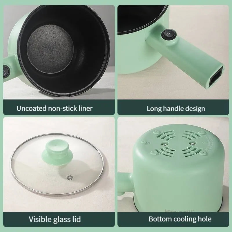 Compact white electric multi-function hot pot with non-stick interior on a kitchen countertop