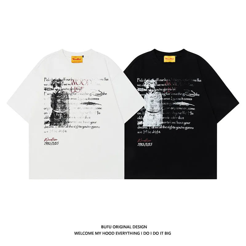 Men's black cotton t-shirt with white printed letters and raglan sleeves in loose fit