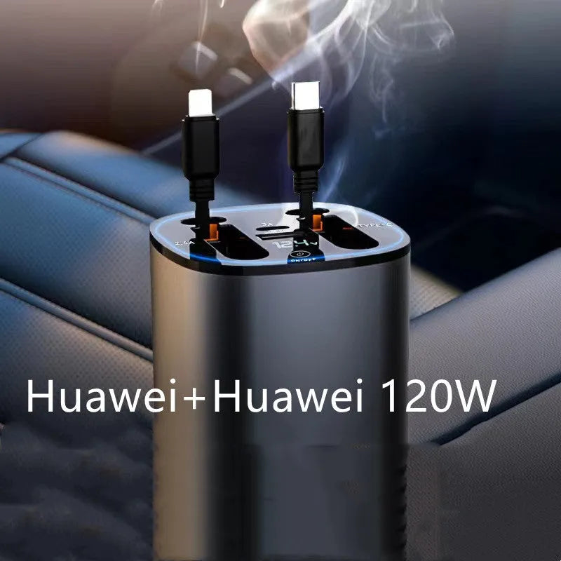 Automatic retractable car charger plugged into a vehicle's cigarette lighter socket with four USB cables extended.