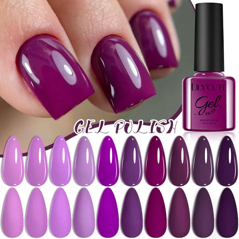Set of 20 UV gel nail polish bottles in various colours including glitter and nude shades, each 7ml.