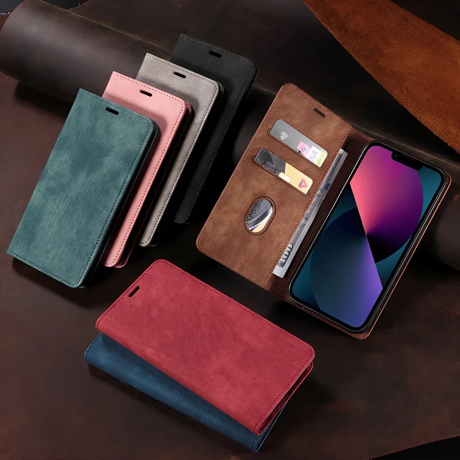 Magnetic flip leather phone case for iPhone in solid colours including red and blue.