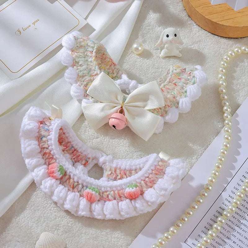 Handmade woven wool cat collar with British Shorthair embroidery and bell bow in pink colour