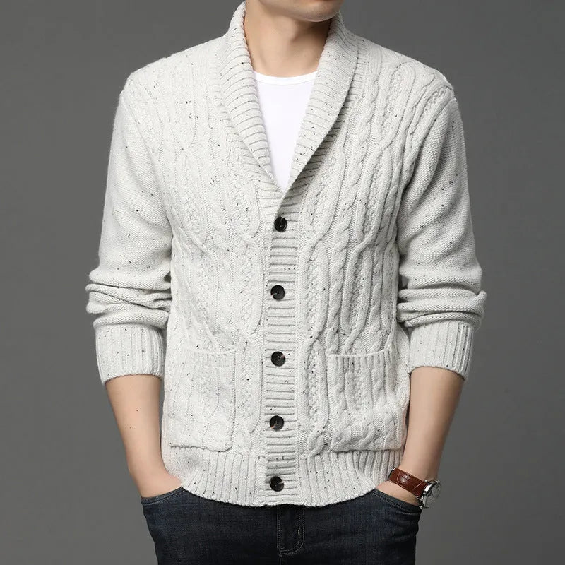 Men's Korean style jacquard knitted cardigan in black, straight cut, thickened fabric for autumn winter wear