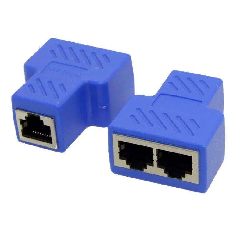 RJ45 network splitter adapter in multiple colours showing one-to-two Ethernet connection