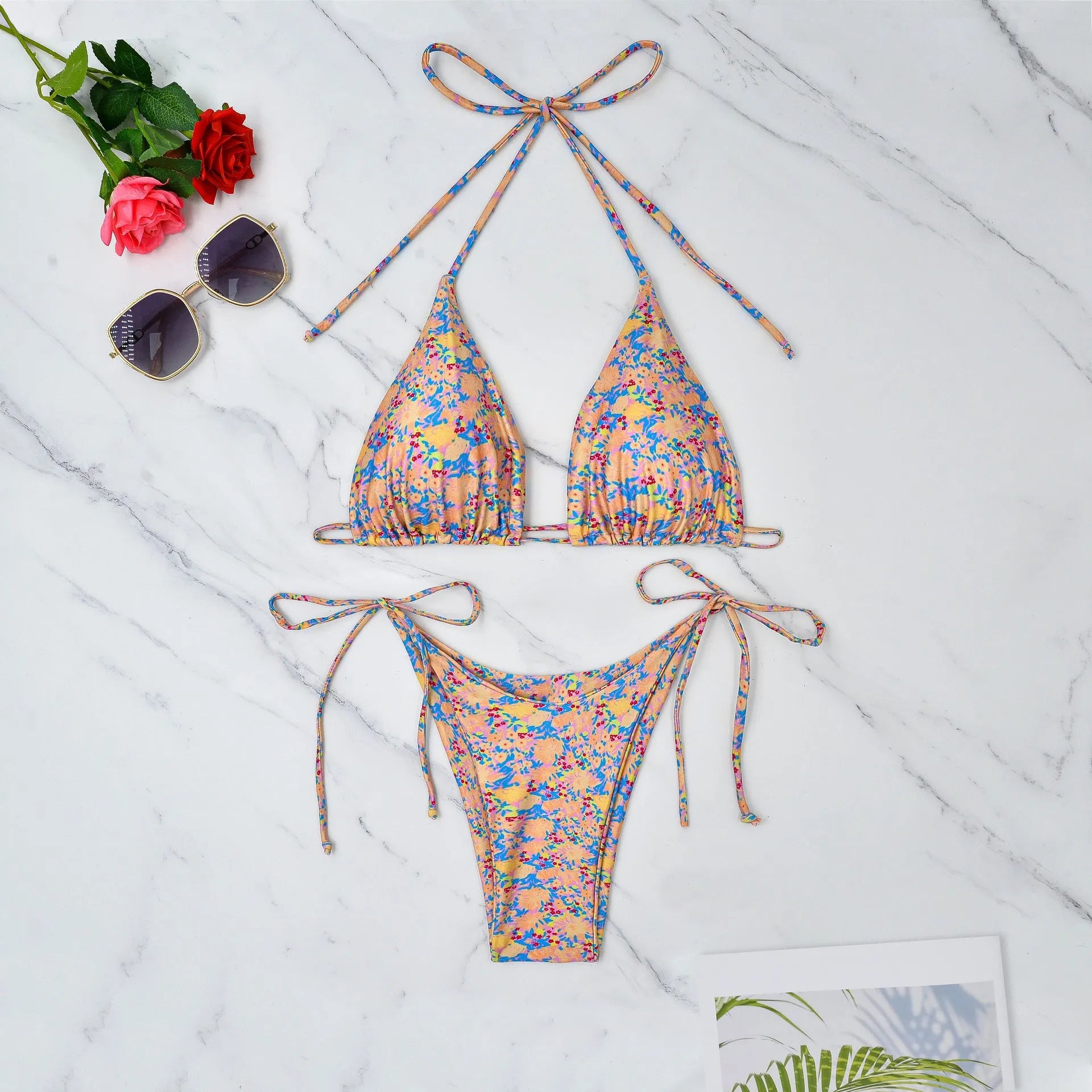Lace-up bikini swimsuit with backless design in picture colour for swimming sports