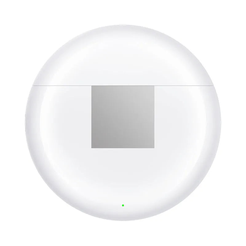 White Budz5 wireless Bluetooth earbuds with semi-in-ear design and charging case on a table.