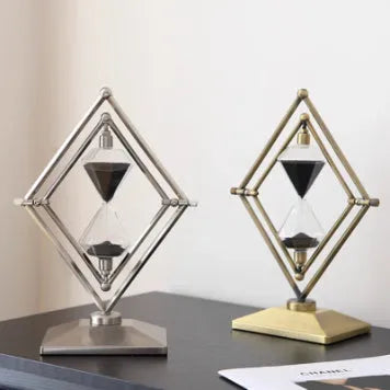 Glass sand timer with zinc alloy iron ornament in bronze, silver, black or white sand options
