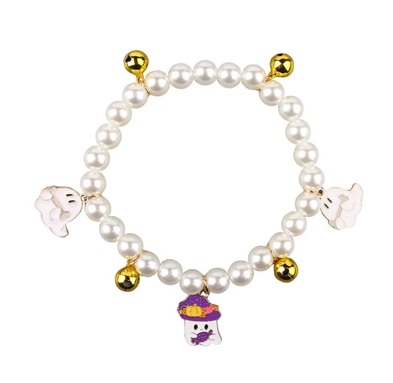 Halloween cat collar with simulated pearl necklace decoration in pumpkin design options