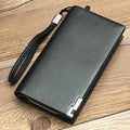Men's long black PU leather wallet with a silver zipper closure, shown open to reveal card slots.