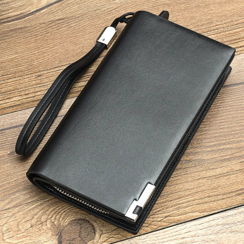 Men's long black PU leather wallet with a silver zipper closure, shown open to reveal card slots.