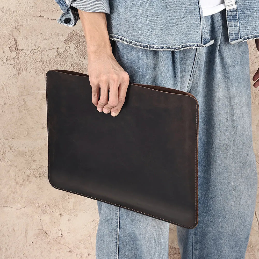 Brown crazy horse leather computer liner bag with cowhide lining in medium and large sizes