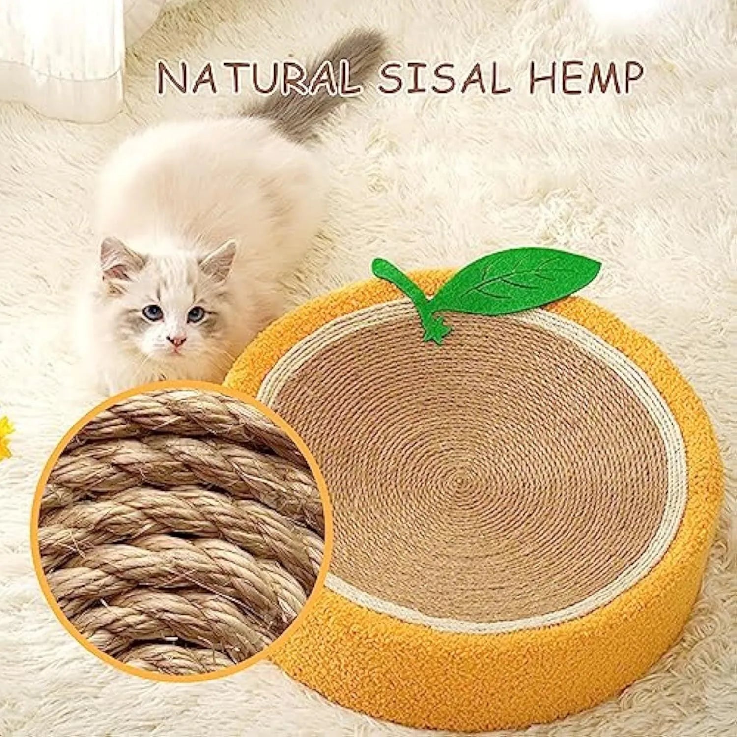Yellow fruit-shaped sisal cat scratching board with a round bed for small breed cats.