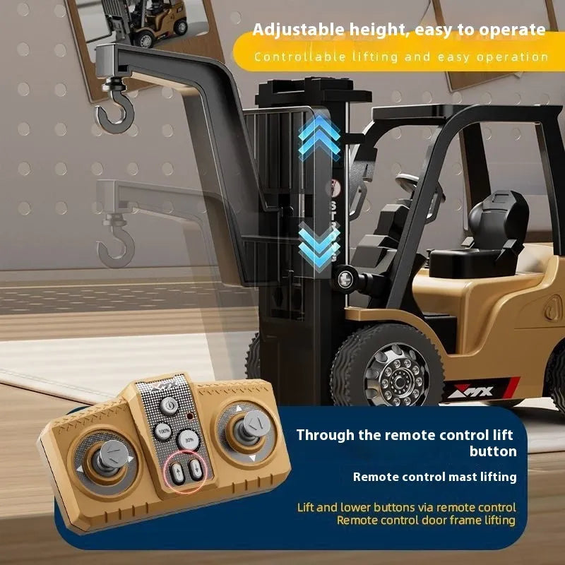Blue die-cast alloy remote control forklift toy with cargo accessories on wooden pallet
