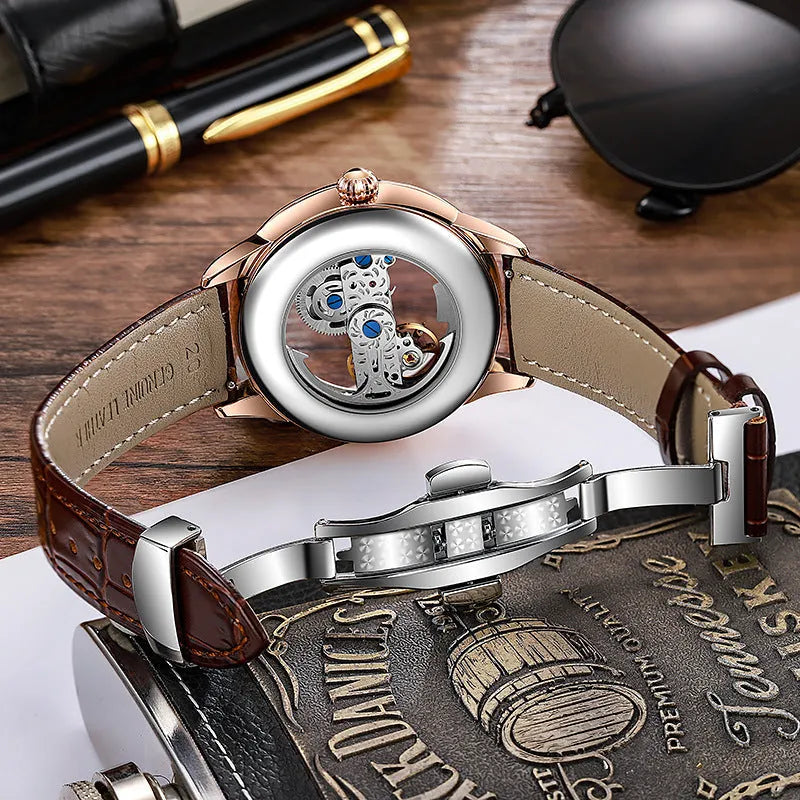 Men's luxury 6046A waterproof mechanical watch with onion crown and transparent case back