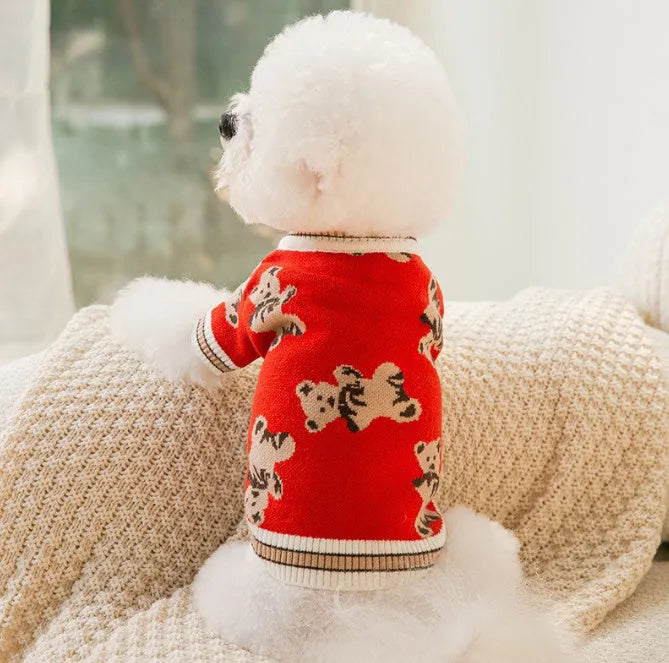 Preppy style wool striped pet sweater for dogs cats in beige colour with V-neck and leash hole on back