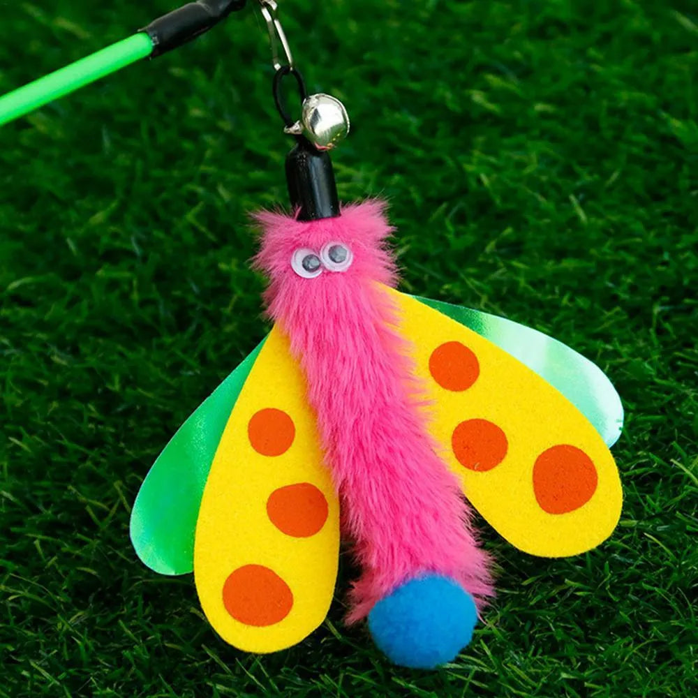 Blue, yellow, and pink cat wand toy with dragonfly bell teaser on a 49cm stick.