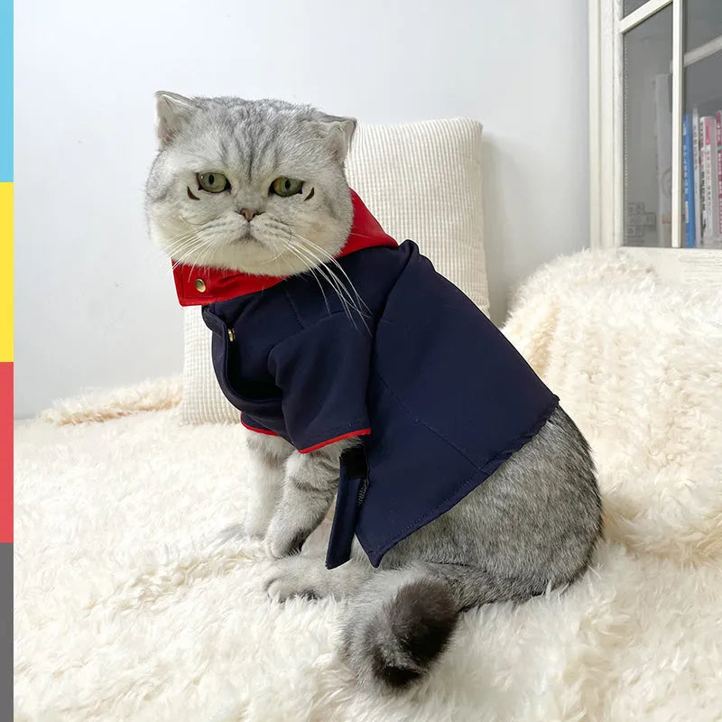 Tiger Staff Yuren coloured pet hoodie for cats and dogs, shown in small and medium sizes with a hood.