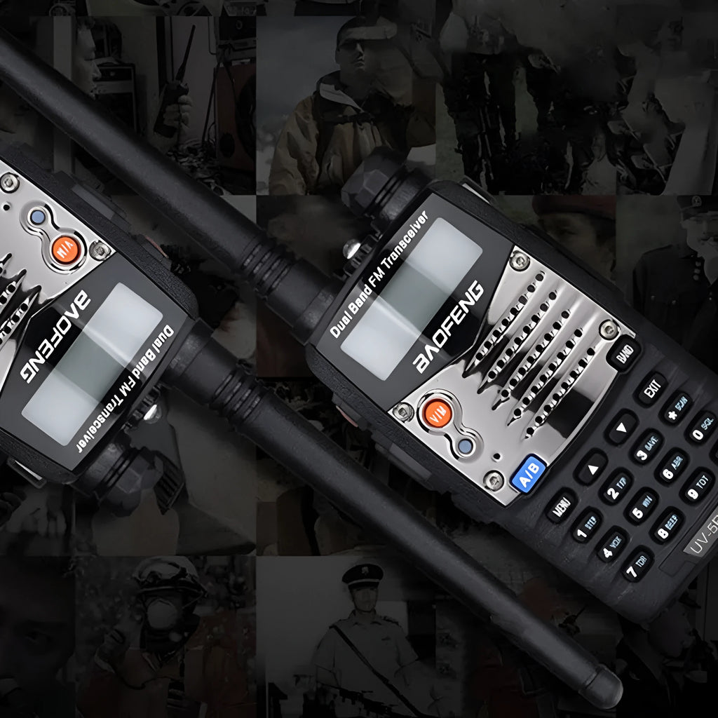 Baofeng UV-5RA handheld dual band radio with display screen and antenna.