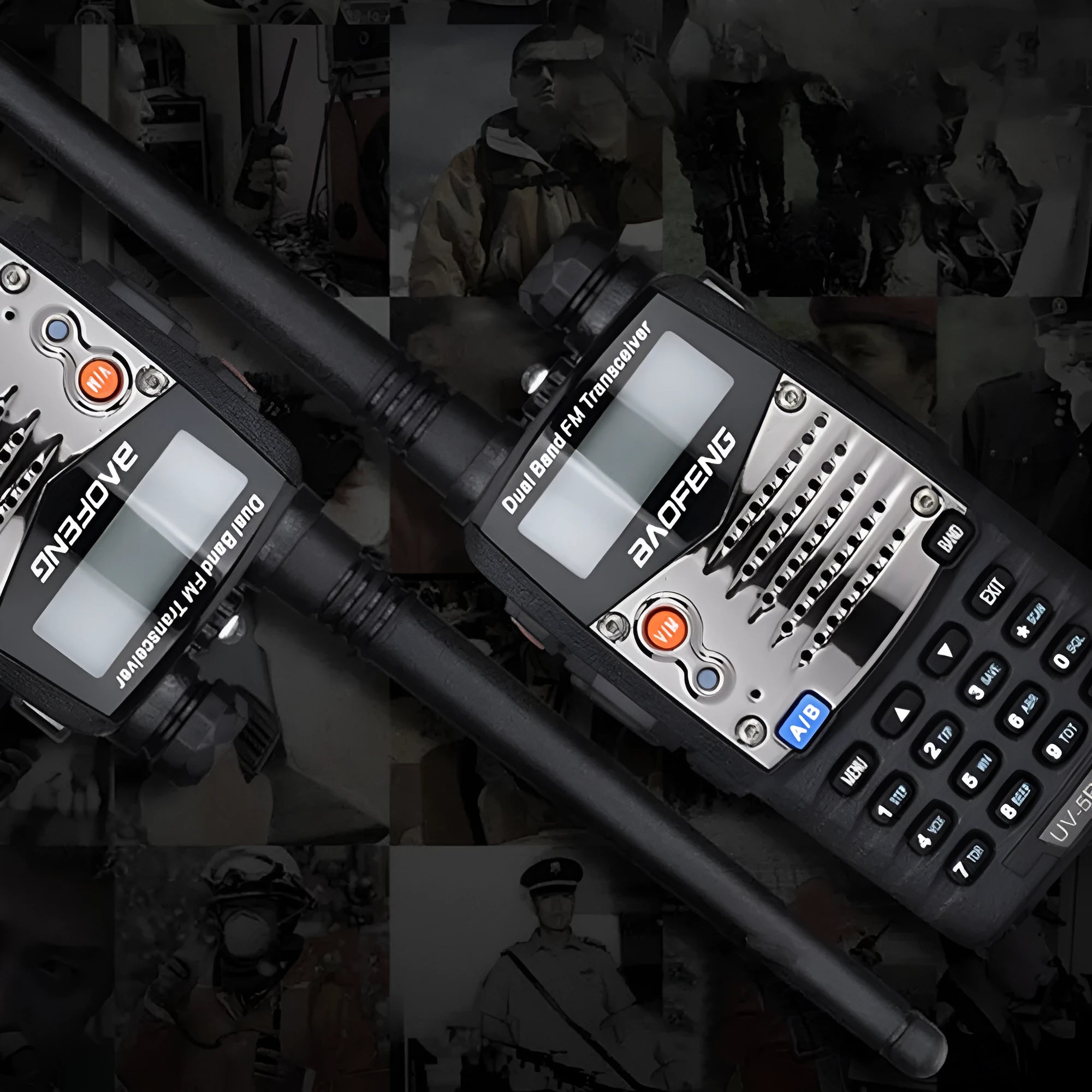 Baofeng UV-5RA handheld dual band radio with display screen and antenna.
