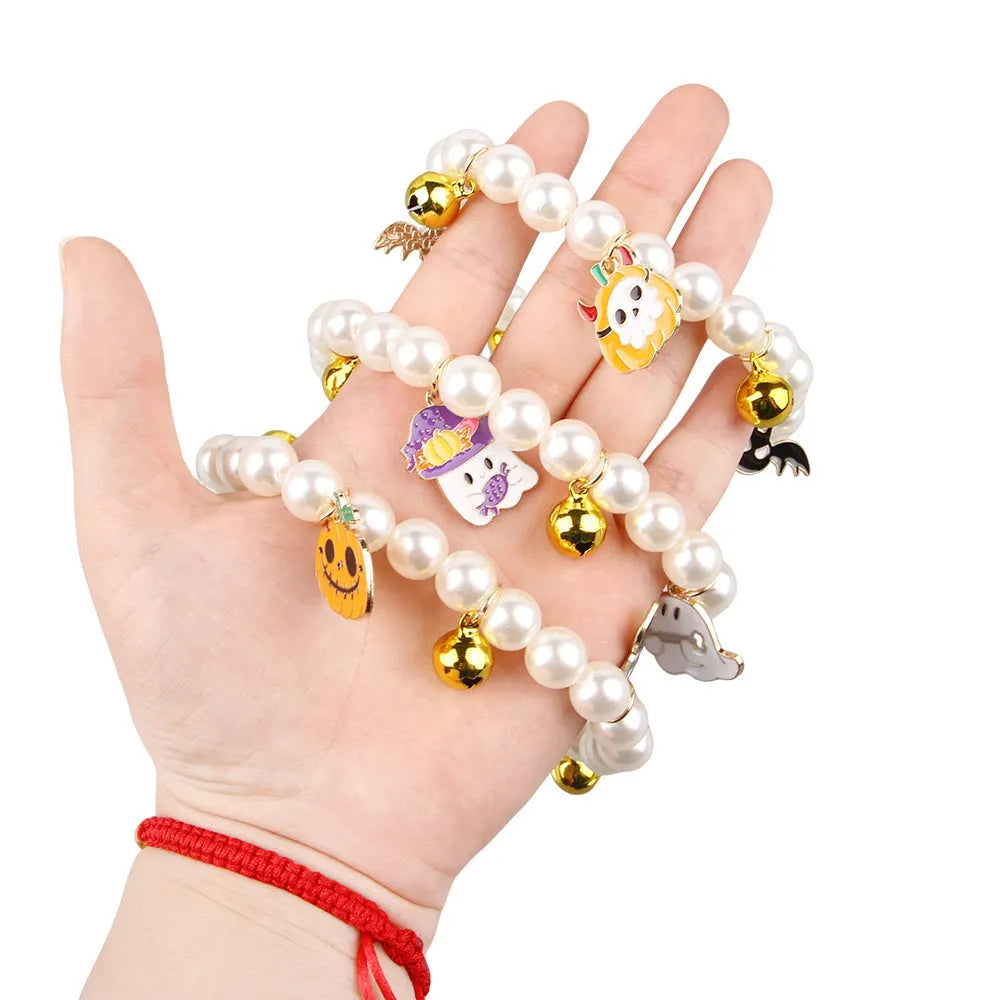 Halloween cat collar with simulated pearl necklace decoration in pumpkin design options