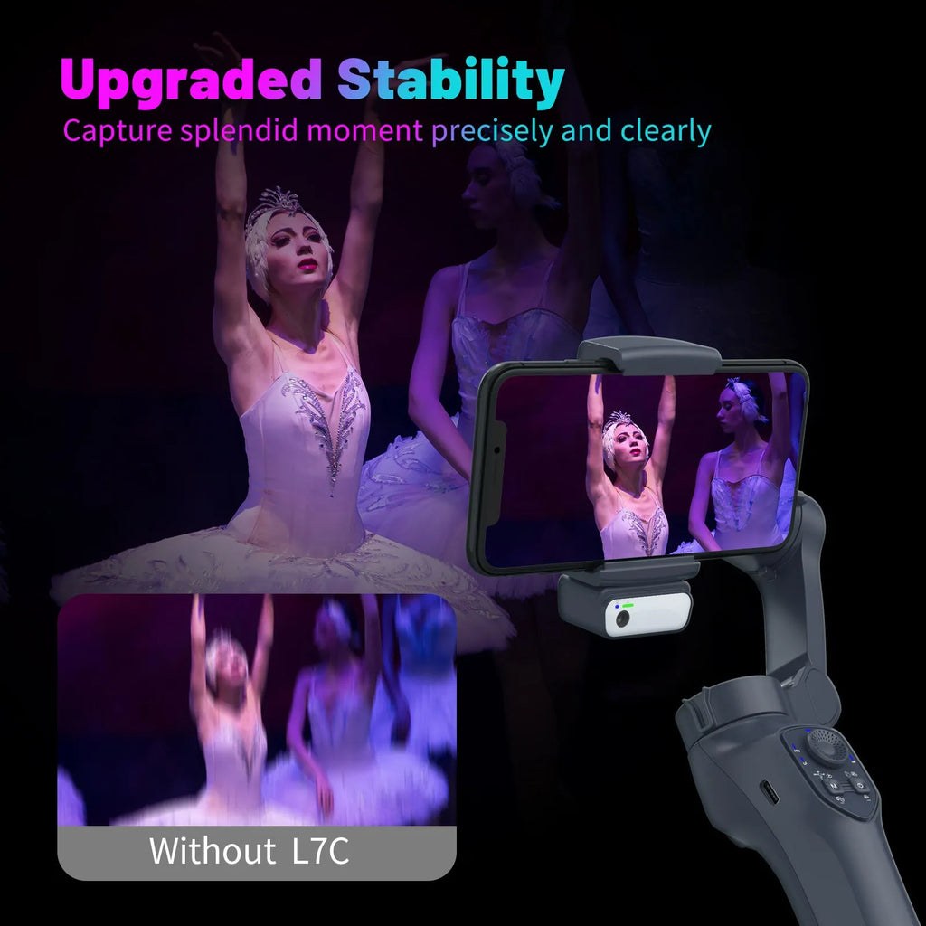 Foldable handheld phone stabiliser gimbal in gun colour finish with optional RGB lights.