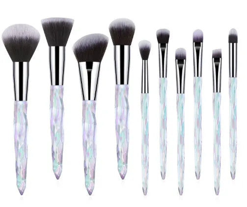 10 clear crystal diamond shank foundation brushes with artificial fibre bristles in choice of colours