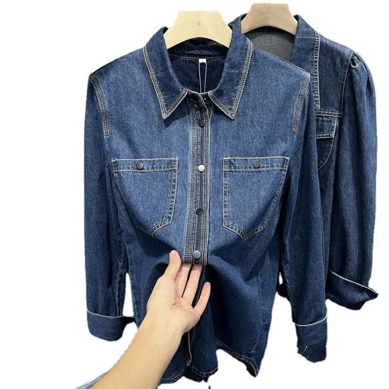 Layered retro denim-style long sleeve top for women in picture colour, polyester fabric, casual fashion top
