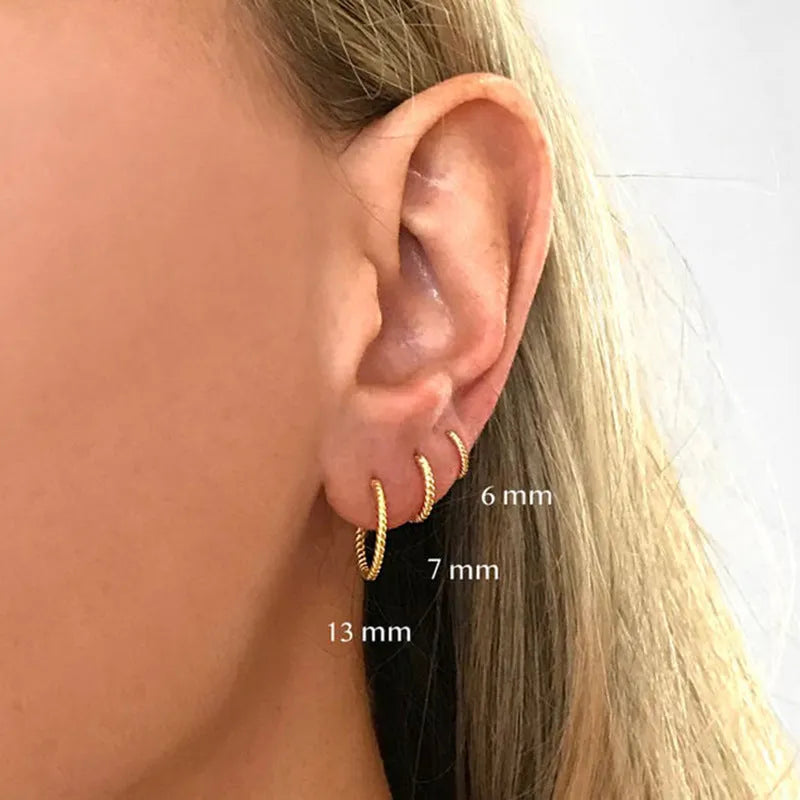 Sterling silver twisted string round ring earrings in golden or white gold finish