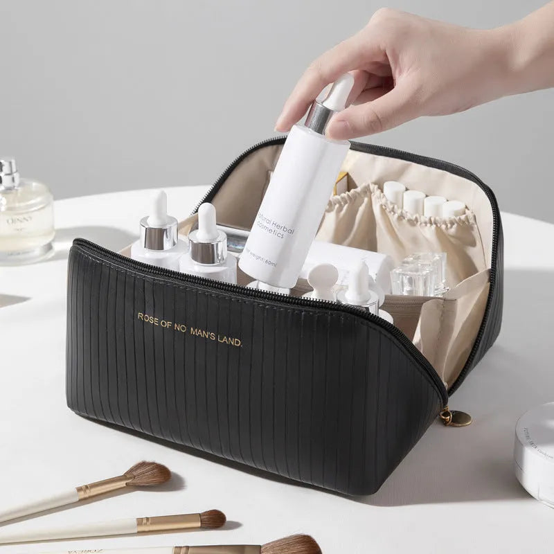 Vertical pattern pillow makeup bag cubic shape 22.5cm PU material beige black brown grey pink options