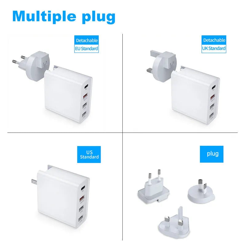 White multi-port fast charger with PD and QC technology showing multiple USB ports