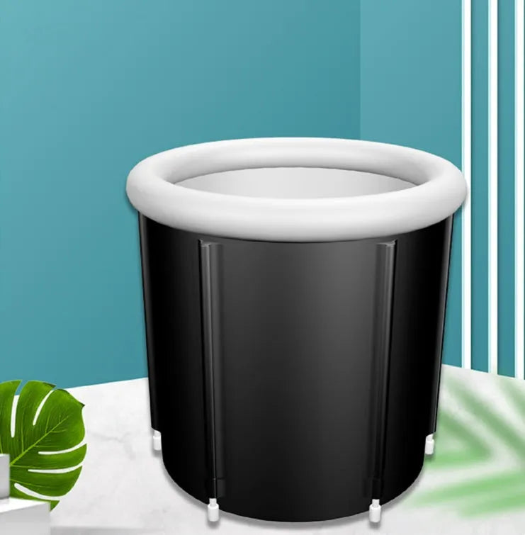 Black portable PVC ice bath with all-weather lid and included air pump accessories