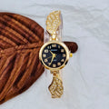 Women's stainless steel watch with gold face round dial and vachette clasp buckle